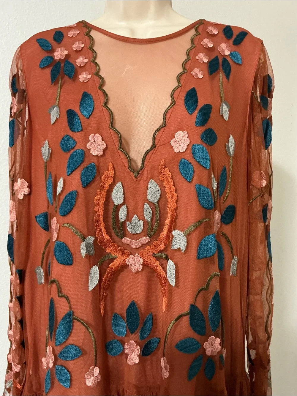 EUC Free People Hearts are Wild Burnt Orange Embroidered Dress Small